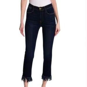 Frame Denim Le High Straight Fringe Hem Jeans in Pine Knoll